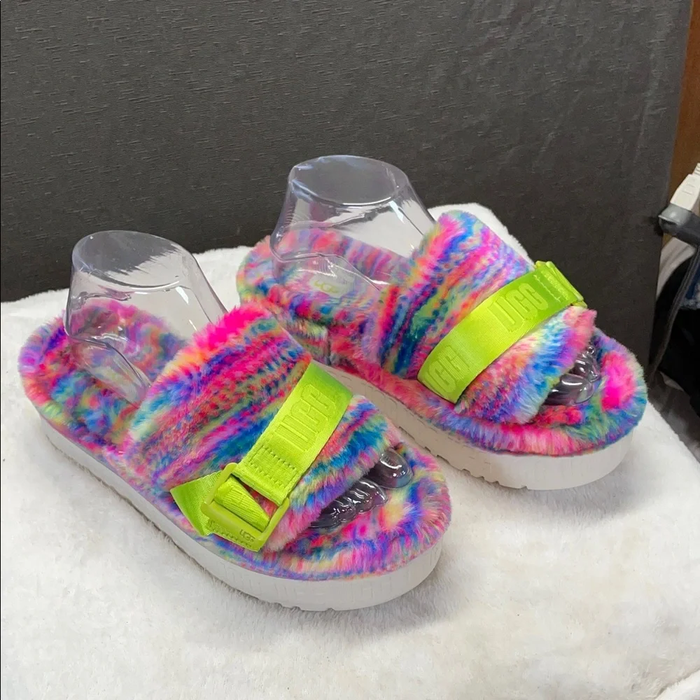 UGG Pink and Green Fluffita in Pixelate Platform Sandals with Fuzzy Upper